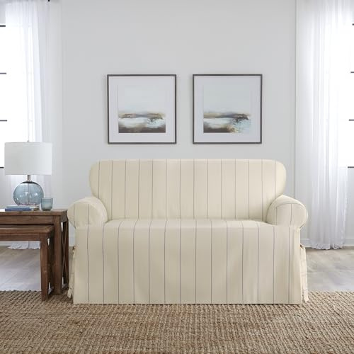SureFit Heavyweight Cotton Duck T-Cushion Loveseat Slipcovers, Printed Heavyweight Cotton Loveseat Cover, One Piece Design, Loveseat Cover with Seat Elastic and Corner Ties, Natural with Blue Stripe