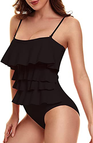Bañadores Mujer con Volantes Traje de baño de Una Pieza Push Up Bikini Deportivo en Capas Control del Vientre Negro XXL