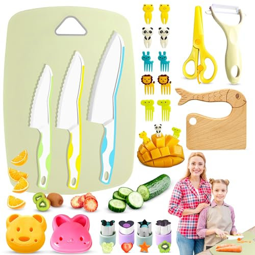 LIVABEE 23 PCS Safe Kids Kitchen Knife Set – Incs Push-Button Fruit Cutter, Wooden/Plastic Serrated Knife. Kids Friendly Anti-Slip Cutting Board. Perfect Multi-Coloured Kitchen Set for Kids