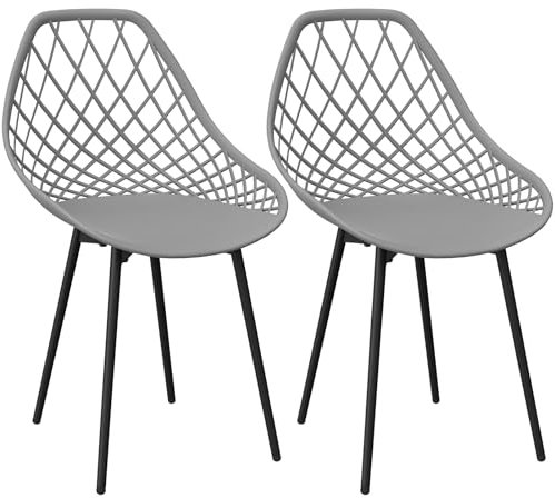 LEWE 2er Set Esszimmerstühle, Sitz aus Polypropylen mit Stuhlbeinen aus Metall, wasserfeste Gartenstühle, Küchenstühle, Ausgeschnittene Rückenlehne, armlos-Grau