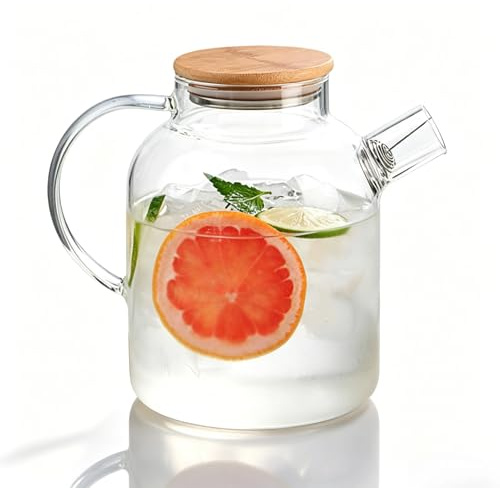 Brocca in Vetro, Brocca Per Acqua da 1800 Ml con Coperchio Caraffa Per Acqua in Vetro Resistente al Calore Caraffa in Vetro Borosilicato Resistente al Calore Per Succo