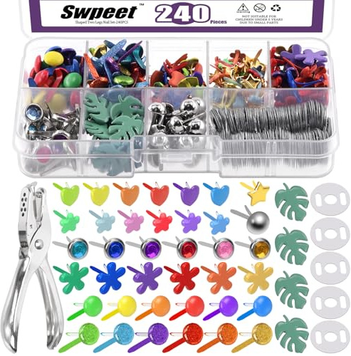 Swpeet 240 Sets 9-Stile und 5-Größen Mehrfarbige Split Pins Mini Brads Metall Brad mit Loch Punch Sortiment Kit, Metall Papier Messing Papier Befestigungen Pastell Brads für Scrapbooking und Kleidung