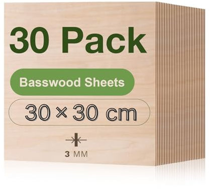 ROBOTIME Tablero Madera Contrachapada 3mm 30×30cm 30 Piezas Linden Tablero de Madera a Medida Para Bricolaje,Pirograbado Corte por Laser CNC Router Modelado