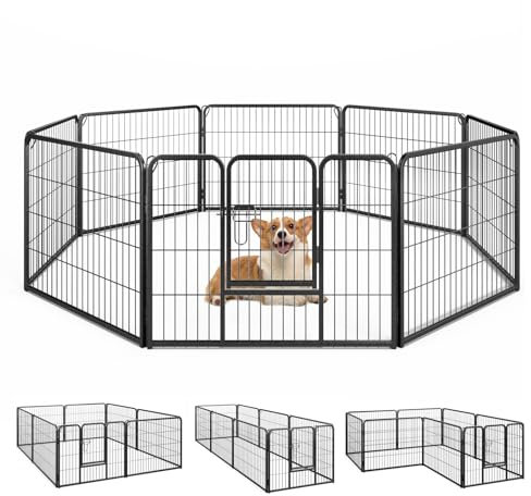 GYMAX Hundelaufstall 60/80cm hoch, 8-teilig Welpenauslauf mit Schloss & Tür, klappbare Welpenlaufstall für Hund, Katze, Welpe & Kaninchen, Tierlaufstall für drinnen & draußen (60 cm hoch)