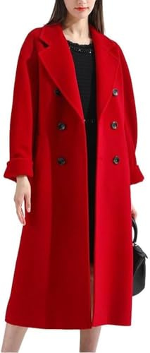 Abrigo de Lana de Doble Botonadura de Invierno para Mujer Gabardina Larga con Solapa de Muesca de Manga Larga (Rojo,L)