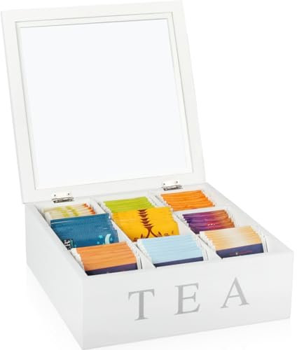 Stimo Teebox Landhausstil Teekiste aus Holz mit Sichtfenster weiß Teebeutel Aufbewahrung