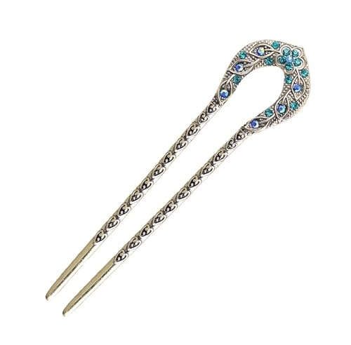 Haarnadeln, U-Form, bronzefarben, Haarnadel für Damen, Strass-Blume, Haarnadel (blau)