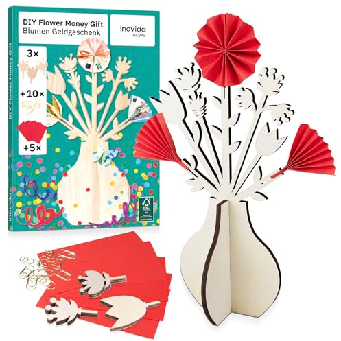 Inovida Geldgeschenk Verpacken : Schöne Blumenvase aus Holz als Geldgeschenke Verpackung – Geburtstagskarte Geldgeschenk – Geldgeschenke Geburtstag – Geldgeschenk Hochzeit – Geldgeschenk Weihnachten