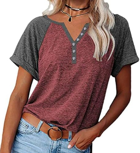 NAIOSS Damen Tshirt Kurzarm Oberteile Elegant Blusen Sommer Shirts V-Ausschnitt Casual Tunika Tops(weinrot/XXL)