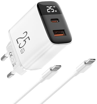 Cargador 25W - Pantalla LCD Carga Doble Súper Rápida de 2 Puertos | con 2M Cable USB C para iPhone 17/16/15, para Samsung Galaxy, Pad Pro, PixeI