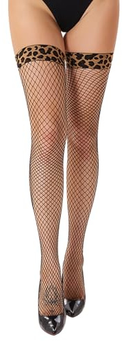 AffeGifts Svarta nätstrumpor för kvinnor, anti-skid leopard tryck svart silikon siden sexiga svarta strumpor för dagligt slitage och fest, Svart, one size