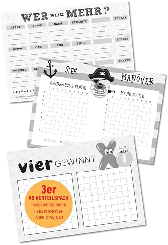 ReGrape 3 Spielblöcke für Kinder: Stadt Land Fluss, Schiffe versenken, Vier gewinnt - jeweils 50 Blatt auf hochwertigem Papier - Reisespielset, Spielsammlung DIN A5-