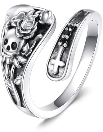 DAYLINLOVE Skull Ring 925 Sterling Silver Skull And Rose Vintage Spoon Rings Gothic Jewelry Gifts for Women