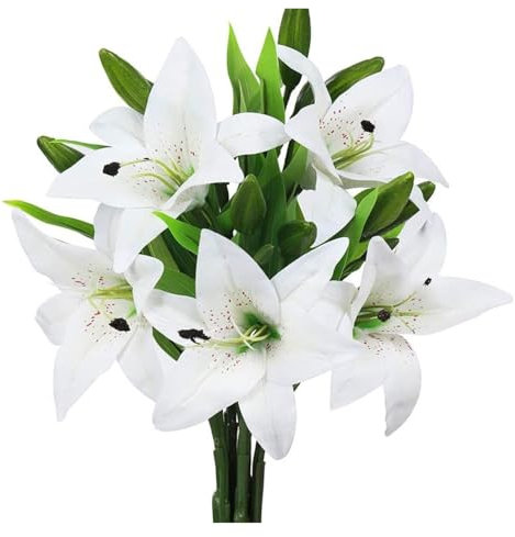 WENH 5 Ramos de Flores Artificiales de Lirio Tigre de Tacto Real for decoración de Bodas, hogar, Fiestas, jardín, Tienda y Oficina.(White)