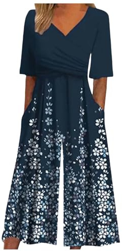 Générique Combinaison Boheme Chic Femme Manche Courte Casual, Combinaison ete Fluide Grande Taille col v Romper Salopette à Jambes Larges Loose Overalls Salopette à La Mode Playsuit avec Poches