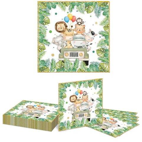 Kotkiddy 16 pièces Serviettes Papier Vert forêt Animaux Jungle Douche bébé jetables pour fête Anniversaire à thème Animal