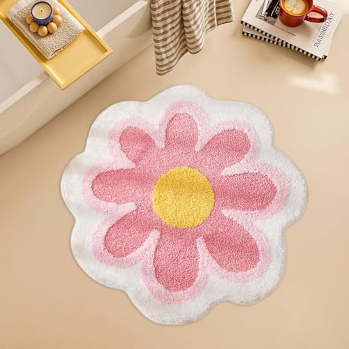 YNNHUDEEP Teppich Wohnzimmer,Badezimmerteppich,Gänseblümchen,Badematte mit Hoher Hygroskopizität Badvorleger Duschvorleger Fußmatte Teppichboden für Bad Küche Wohnzimmer,40x40cm (Rosa)
