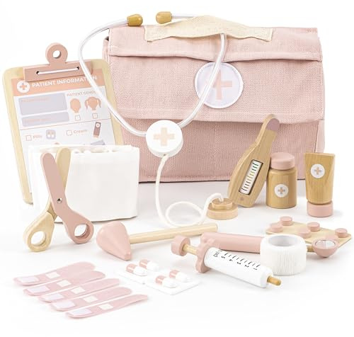 Wooden Doctor Play Set for Toddlers - A Complete Durable Pretend Play Medical Kit for Kids 3-5 with Realistic, Non-Toxic Tools & Carrying Case