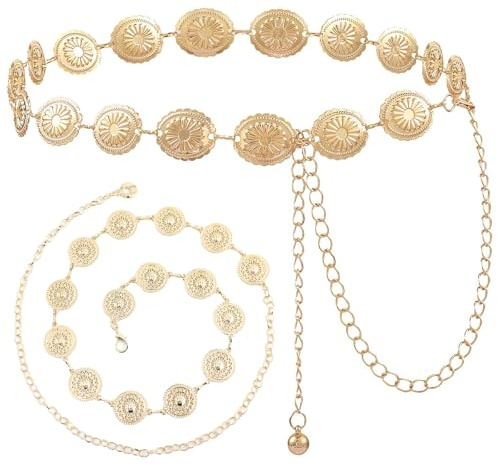 2 Stück Western-Stil Gold Concho Kette Gürtel, Vintage Boho Taillenkette, verstellbarer Metallgürtel für Frauen