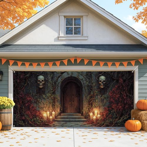 Haunted House - Cubierta para puerta de cochera, calavera espeluznante e hiedra, decoración grande para puerta de garaje, decoración de fondo de fiesta de Halloween para interiores y exteriores, 157 x