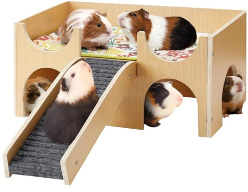 Mehrstöckiges Holz Tierversteck für Meerschweinchen Hamster Gerbilen | Zwei gewölbte Eingänge, abnehmbare Struktur, gemütlicher sicherer Unterschlupf als praktisches Kleintierzubehör