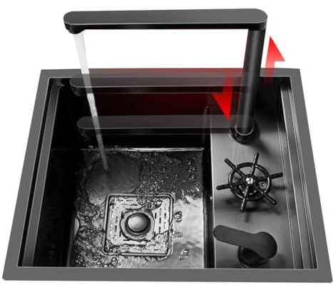 Mini lavello salvaspazio – vasca singola design nascosto nero con rubinetto rondella tazza, ideale per uso domestico e commerciale, dimensioni compatte 45 x 38 x 22 cm