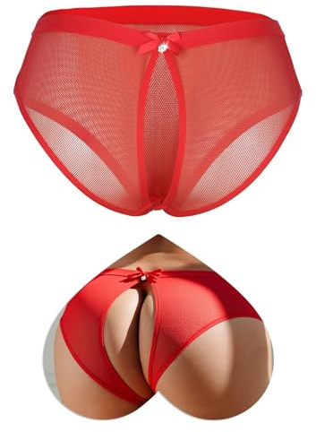 comeondear Slip Ouvert Sexy Femme Culotte Fendue String Grande Taille Tanga Mesh Slips Bresilien Respirante Doublure Coton sous-Vêtement Féminins Underwear Lingerie Rouge,XXL