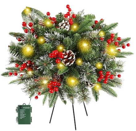 20-Inch Artificial Christmas Planting Shrubbery, Lighted Outdoor Faux Holiday Planter Bushes with Berries and Pinecones, Illuminated Urn Fillers for Garden, Porch, Pathway, Lawn, and Patio Decoration