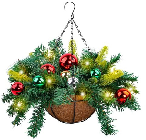 mophrati Dazzling Christmas Hanging Basket Vibrant Red And Green Balls And Realistic Pine Leaves Easy Suspension Christmas Artificial Hanging Flower Basket, H1-20