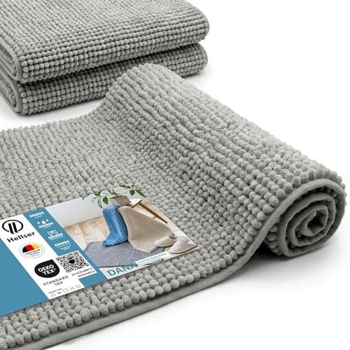HELLSER Badezimmerteppich Dana | rutschfest & Waschbar | Weiche Chenille Badematte Kurzflor | Saugfähig & Schnelltrocknend | Oeko-TEX für Fußbodenheizung | Grau | 40x60 cm