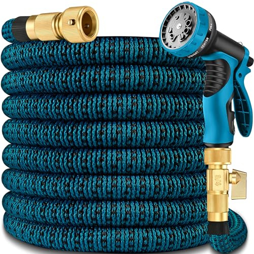 50ft Expandable Garden Hose Pipe, Flexible Water Hose w/10 Function Spray Gun & 2-in-1 Valve Quick Fittings, Lightweight, Durable, Kink-Free, Heavy Duty Expanding Hosepipes for Garden(Blue Black)