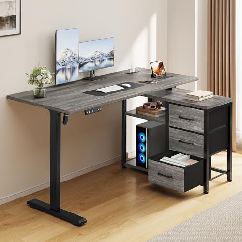 Homiflex 47 Inch L Shaped Standing Desk with 3 Drawers Electric Standing Desk with Storage Computer Desk Adjustable Height Desk with Power Outlets 4 Memory Presets for Home Office Grey