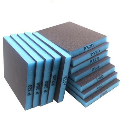 12 Pièces Éponge Abrasive Double Face Papier de Verre Grain 60 80 120 220 280 320 Papier à Poncer Lavable Réutilisable pour Carrosserie Bois Métal Plastique, Cale à Poncer Souple Flexible Humide Sec