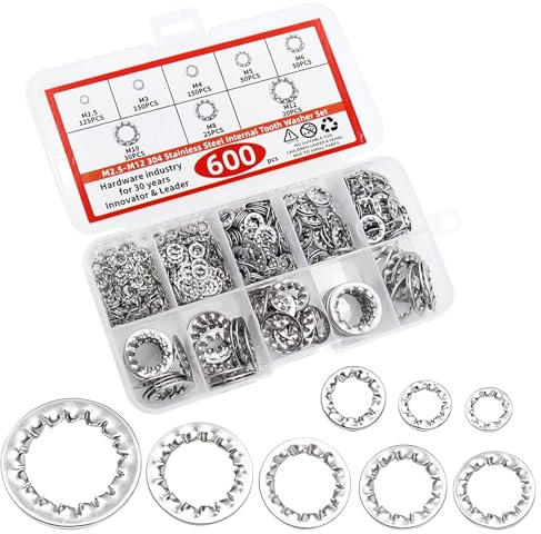 OMJMYY 600 Piezas Arandelas De Seguridad con Dientes Internos Arandelas de Bloqueo de Dientes 304 Acero Inoxidable Arandelas Dentadas Surtidos M2,5 M3 M4 M5 M6 M8 M10 M12