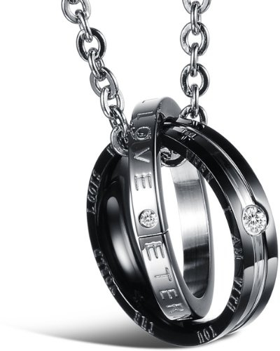 JewelryWe Schmuck Edelstahl Halskette, Anhänger mit Zwei Ringen Eternal Love Hochzeit Engagement für Damen & Herren
