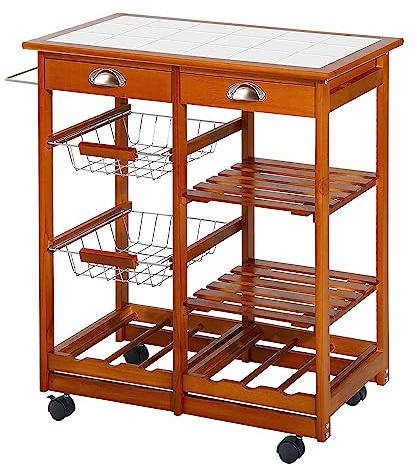 HOMCOM Carrello da Cucina Multiuso in Legno di Pino 74 x 37 x 76cm Marrone Chiaro