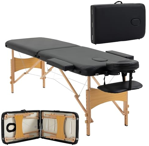 HOMCOM Camilla de Masaje Plegable 210x81 cm Camilla Estética Profesional con Reposacabezas Extraíble 2 Zonas Asa y Marco de Madera con Altura Regulable y Bolsa de Transporte Negro