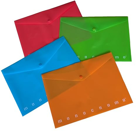 Pigna, Buste trasparenti per fogli A4 con bottone MONOCROMO PPL, colori assortiti, confezione 12 pezzi