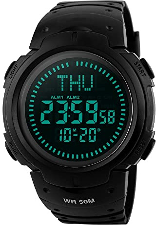 TONSHEN Sportklocka för män, vattentät kompass, LED, digital klocka, världstid, tre larm, utomhus, militär, 12 H/24 H plastklocka med gummirem, elektronisk display, multifunktionarmbandsur – svart,