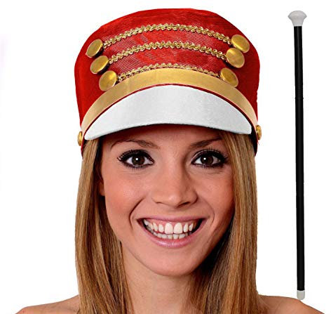 Majorette-Mütze für Damen, großer roter Hut mit weißer Krempe und goldfarbenen Details + Tanzstock – Erwachsenen-Spielzeug-Soldaten-Hut mit Knöpfen, Nussknacker