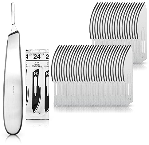 May 50x Skalpellklingen Fig. 24 & Halter bauchiger Griff | 50 sterile Skalpellklingen (Fig. 24) inkl. Edelstahl-Halter mit bauchigem Griff. Für Podologen