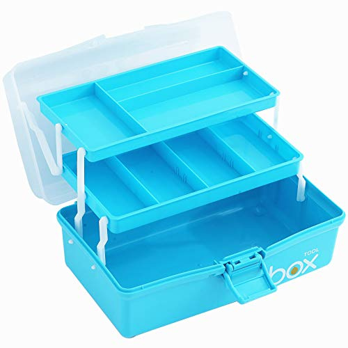 Sunxenze 12'' Three-Layer Clear Plastic Craft Storage Box, Tool Box/Sewing Box Organizer, Art Storage Box with Handle (Light Blue)