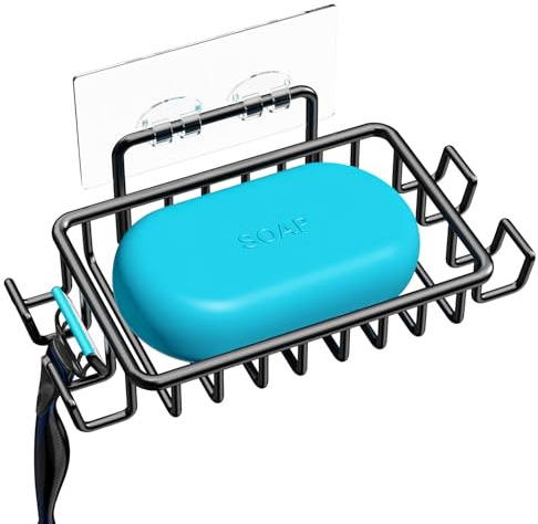 Nieifi Soap Dish Holder Stainless Steel Rustproof with 4 Hooks for Bathroom, Washroom, Lavatory, Restroom, Toilet, Shower, Kitchen Adhesive No Drilling Wall Mounted Black