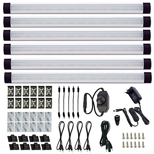 AIBOO Gradable Lot De 6 Barre LED Avec Interrupteur, Cuisine Sous Armoire Lumière, Lampes de Bar de Cuisine avec Gradateur à Cadran pour Comptoir,Garde-robe,Éclairage de Placard (Blanche Froide6000K)
