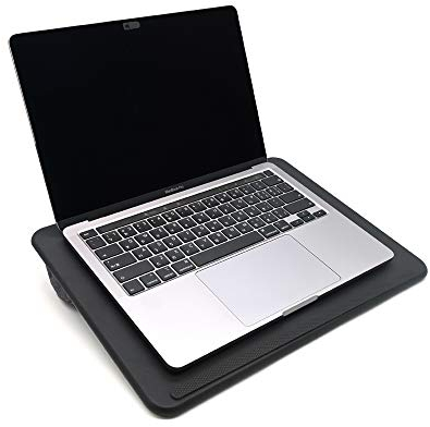 ergomi Ergonomic Portable Lap Desk with Soft Cushion for Home Office, Lap Holder with Wrist Rest, PU Bed Tray Laptop Stand with Pillow, Fits up to 15.6 inch Laptop (Medium, Black)