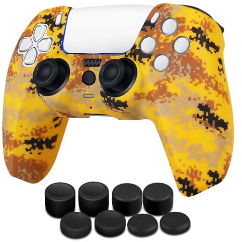 TNP Controller Case for PS5 Silicone Controller Skin for Dualsense Cover + 8 Pro Thumb Grips Set Sony Playstation 5 Skins Accessories Camo Yellow with Ergonomic Textured Grip