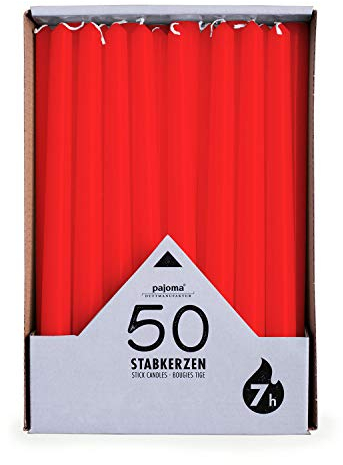 pajoma® Stabkerzen Rot - 50 Stück | Höhe 25 cm, Ø 2 cm | Brenndauer ca. 7 Std. | Vielseitig als Tisch-, Deko-, Weihnachtskerze & für Gastro-Events