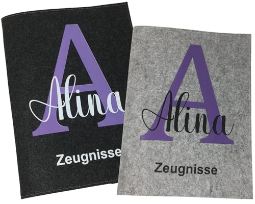 Fadensalat Zeugnismappe mit Namen - Mädchen und Jungen - Personalisiert Filz A4 Buchstabe Lila - Dokumenten Urkunden Mappe Kinder - Hefter Zeugnisse - Sichtbuch