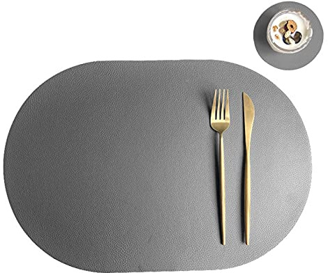 Oval Tischsets Abwischbar, Leder Kunstleder Platzset Zweifarbig Wasserdicht Platzdecken mit Untersetzer ür Hause Küche Restaurant (Dunkelgrau/Beige,4 Stück)