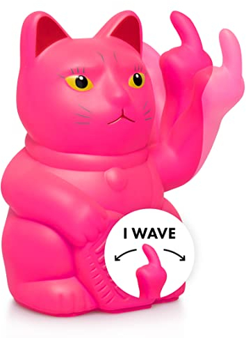 ANGRY CAT - Winkekatze Lucky CAT - Lustige winkende Katze - japanische Winkkatze mit Statement-Finger - Dekoartikel Wackelfigur Katze mit Winke-Arm - 15cm, NEON PINK